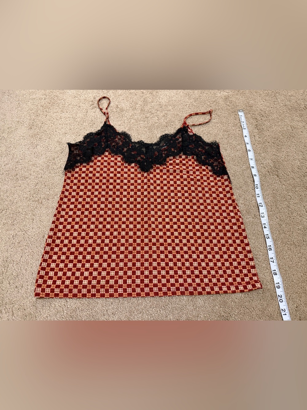 Zara Red and Cream Check Slip Top with Black Lace Trim